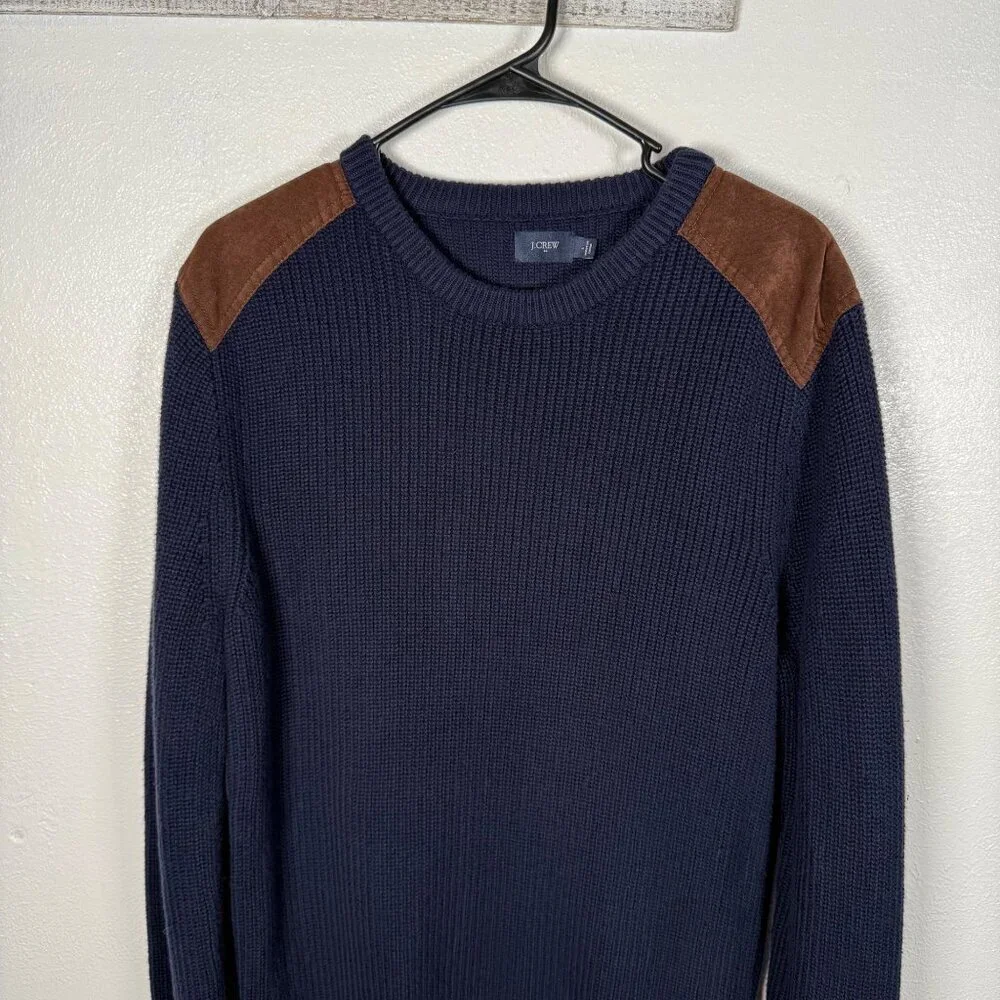 J.Crew Sweater Men's Large Suede Shoulder Patch Blue Woodsman Military Knit